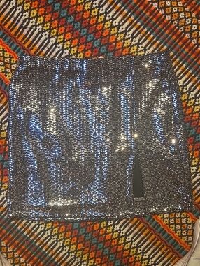 Metallic Silver Sequin Mini Skirt with Side Slit